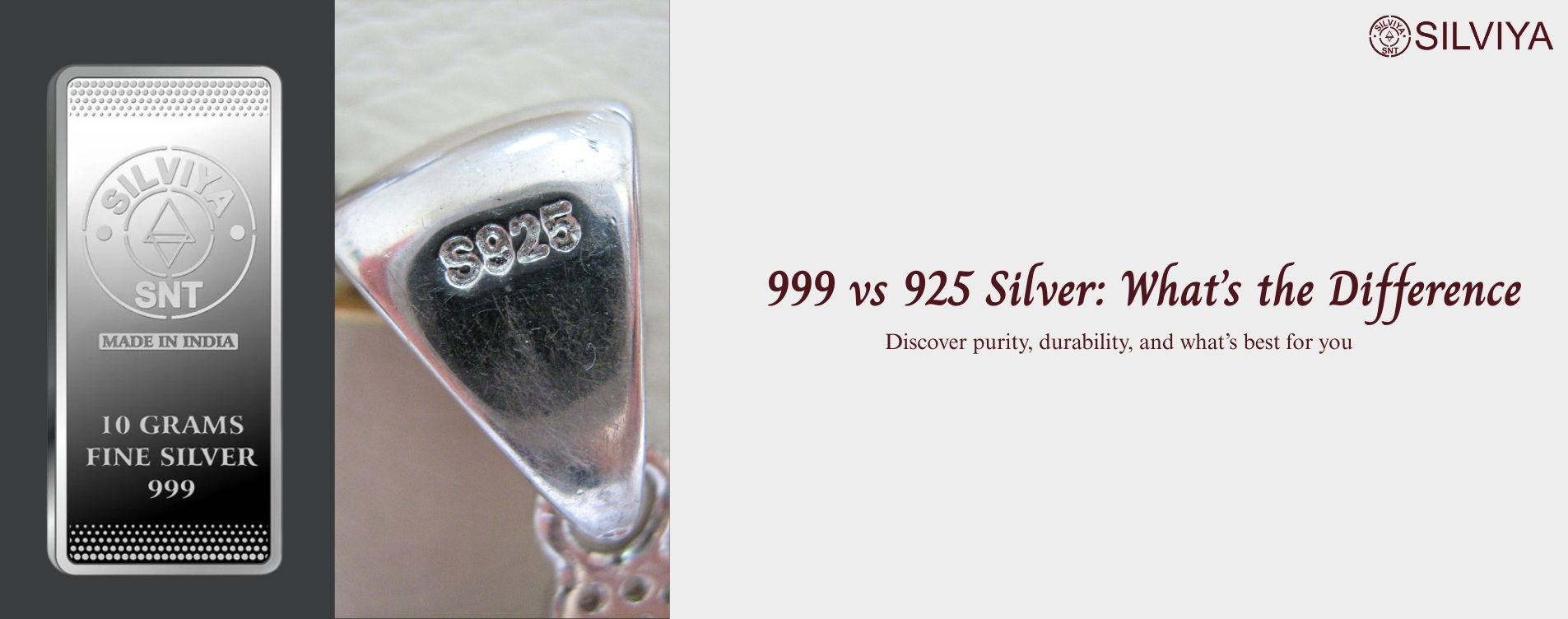 "Comparison of 999 vs 925 silver with Silviya silver coins and sterling jewelry – purity, usage, and benefits explained for smart shopping