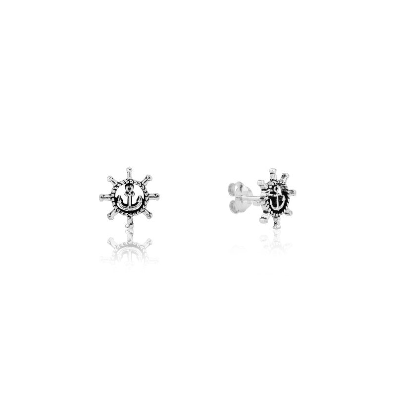 Sterling Silver Ship Wheel Stud Earrings