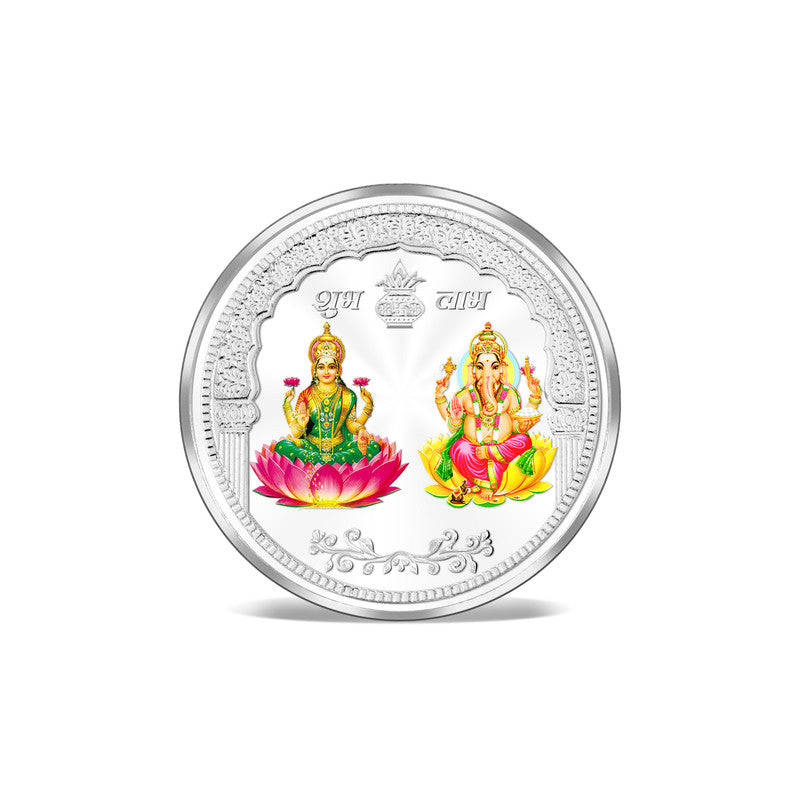 Lakshmi Ganesh Colored 999 Pure Silver Coin Festive Design frontside