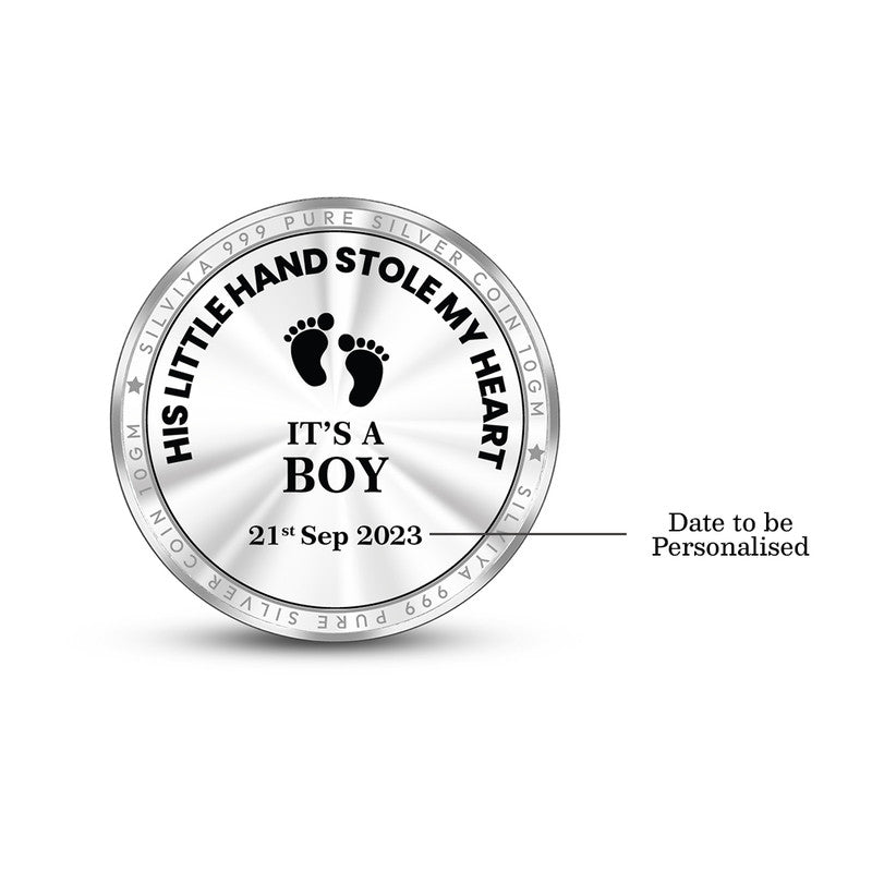 Backside view of round 999 pure silver baby boy keepsake coin with polished finish.