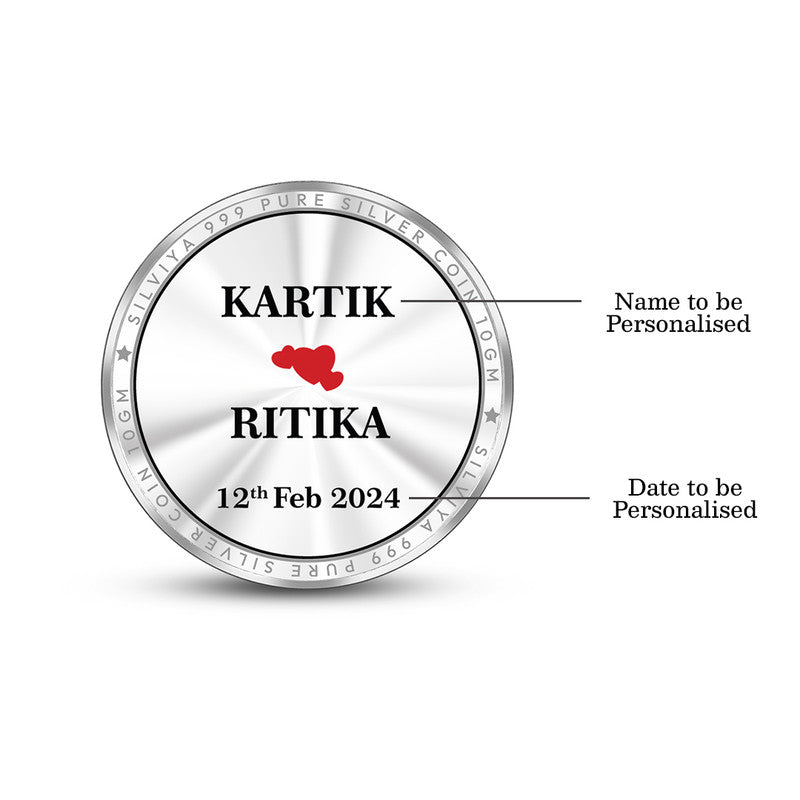 Back side of Celebrate Love 999 pure silver wedding coin with romantic message and heart symbol