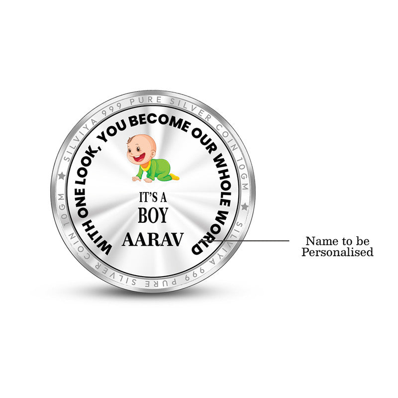 Backside view of round 999 pure silver new born baby boy coin with polished finish.