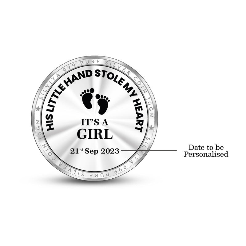 Backside view of round 999 pure silver baby girl keepsake coin with polished finish.