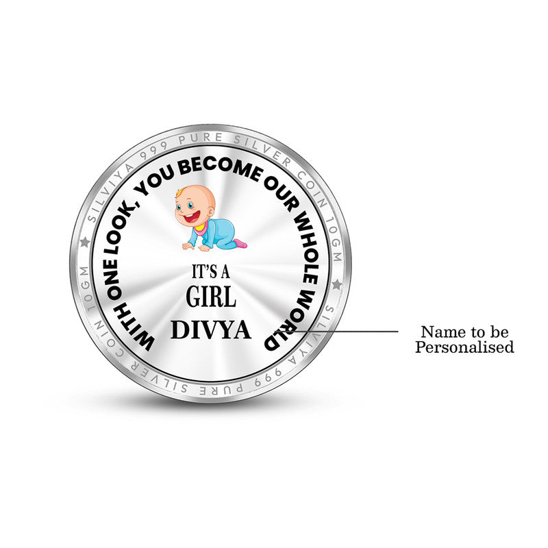 Backside of round 999 pure silver new born baby boy coin with polished finish.