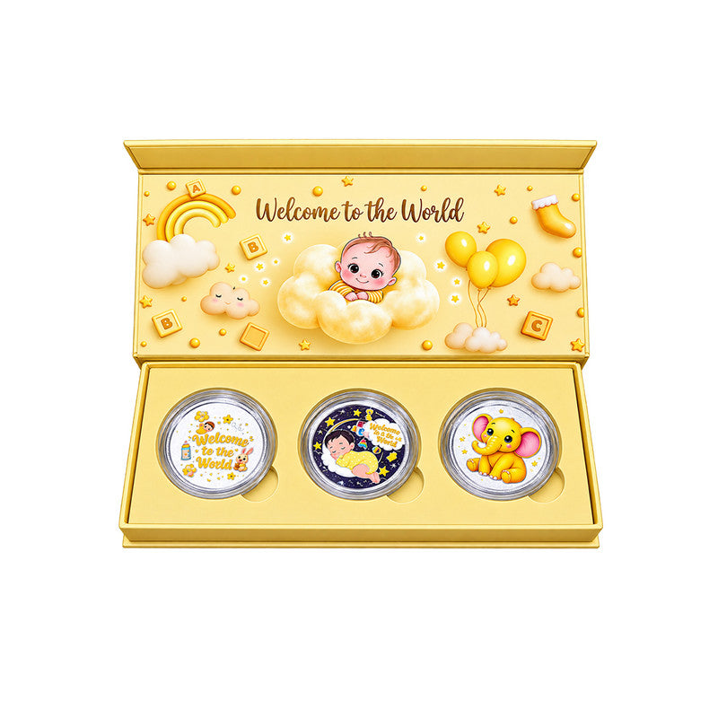 New Born Baby Boy 999 Pure Silver Coin Gift Box Set (3 Coins x 1 Gm Each)