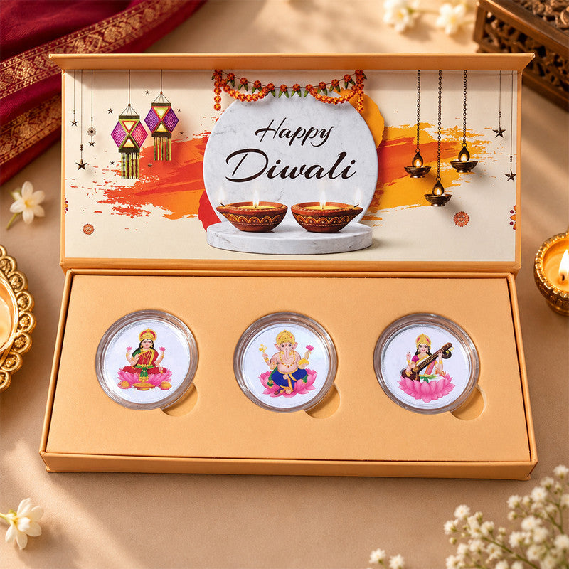 Lakshmi Ganesh Saraswati 999 Pure Silver Coin Gift Box Set (3 Coins x 1 Gm Each)