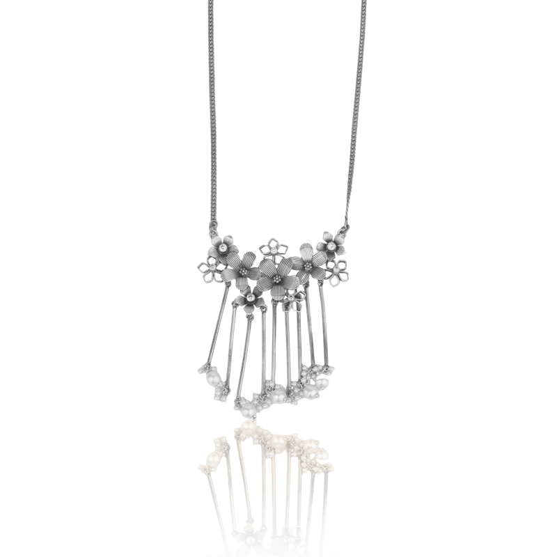 Antique Silver Flower Tassel Necklace