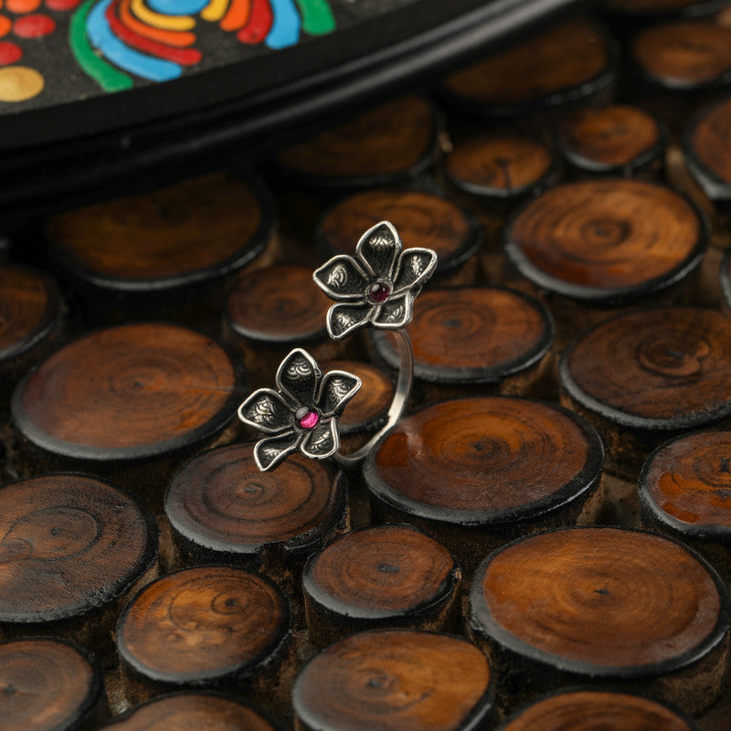 925 Oxidised Front Open Dual Petals Ring