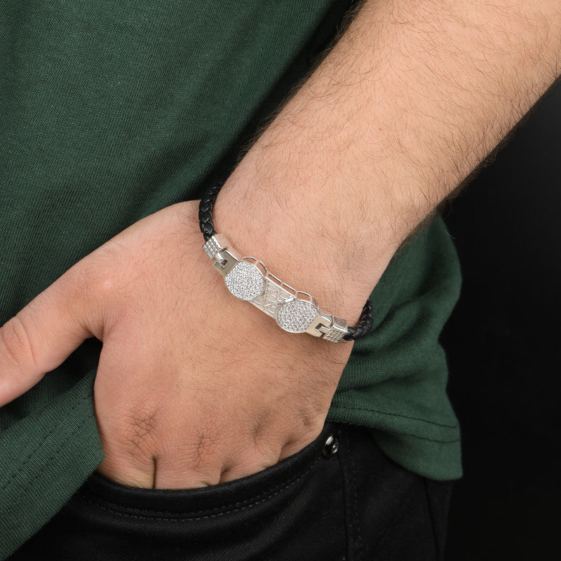 925 Silver Black Braided Bracelet with Modern Minimalist Design displayed on black background