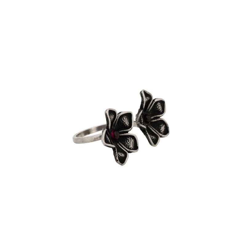 925 Oxidised Front Open Dual Petals Ring – Elegant Silver Jewellery for Diwali & Navratri Celebrations