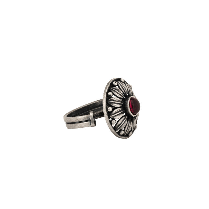 925 Oxidised Round & Leaf Ring – Elegant Silver Jewellery for Diwali & Navratri Celebrations