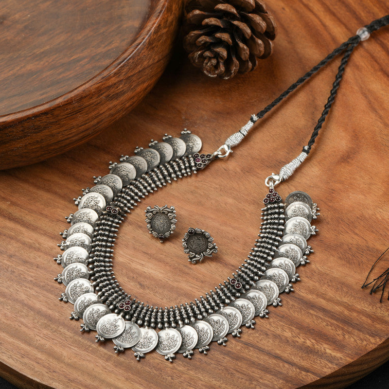Oxidised Silver Lakshmi Necklace displayed on festive prop – perfect Dhanteras and Lakshmi Puja gift