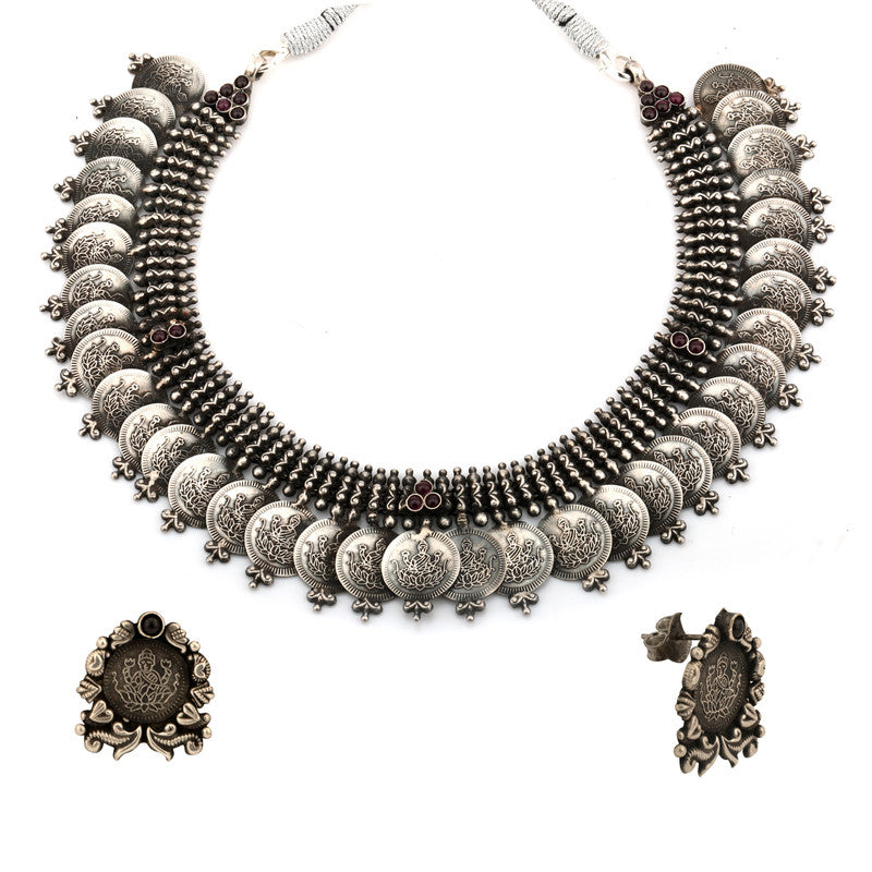 Close-up of 925 Oxidised Silver Goddess Lakshmi Necklace pendant – traditional festive silver jewellery