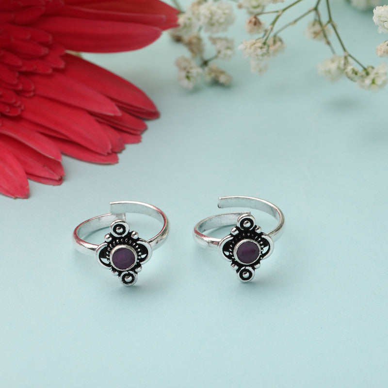 925 Oxidised Silver Pink Stone Toe Ring – Stylish Silver Jewellery for Navratri, Diwali & Wedding Festivities