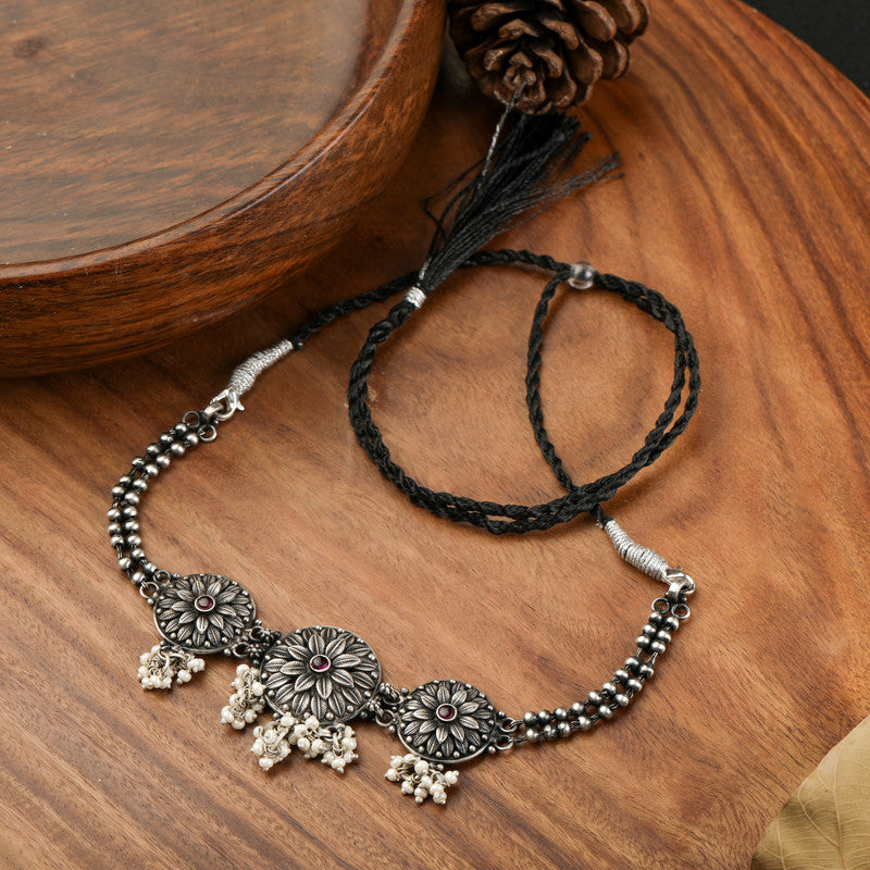 tribal oxidised 925 silver layered necklace with ethnic detailing
