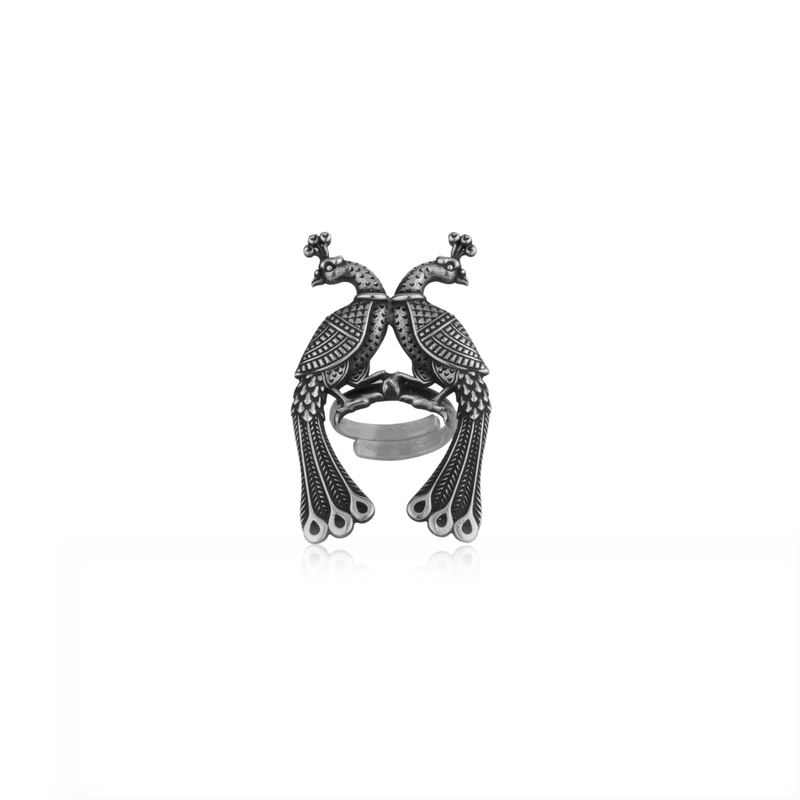 925 Oxidized Silver Peacock Ring with intricate peacock design, perfect for festive occasions and daily wear.