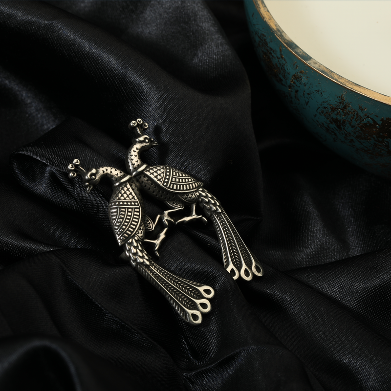 925 Oxidized Silver Peacock Ring displayed as prop image on festive background – stylish oxidized silver ring with fine detailing.