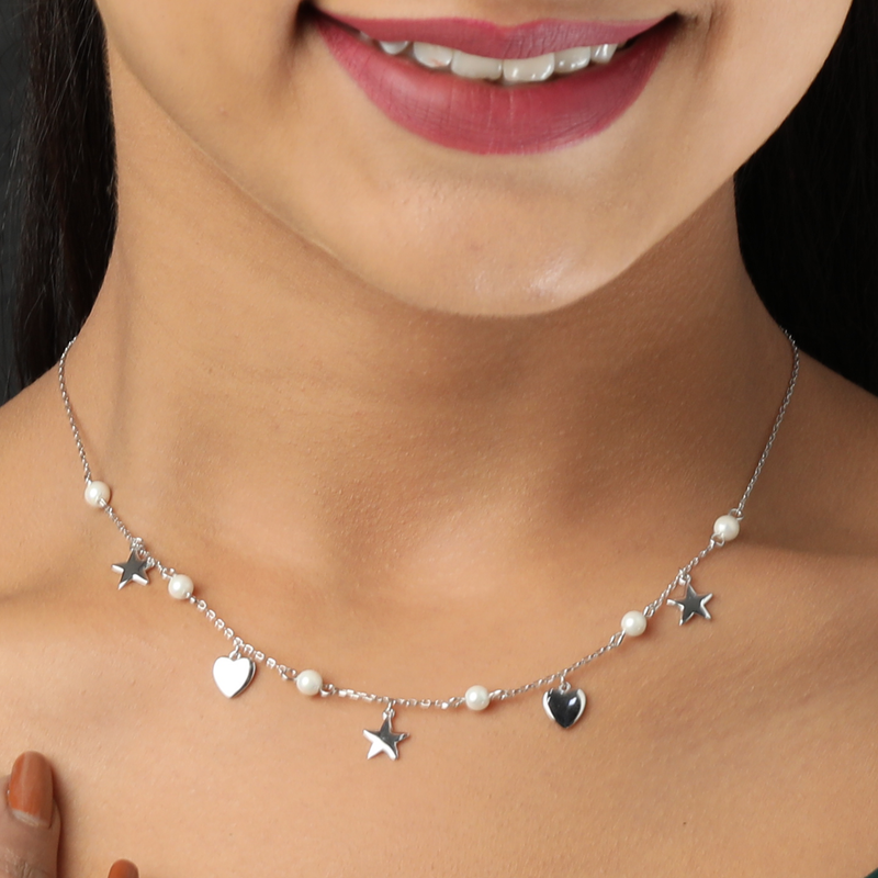 Model wearing 925 Silver Aurora Accent Necklace – graceful and lightweight sterling silver jewellery for women.