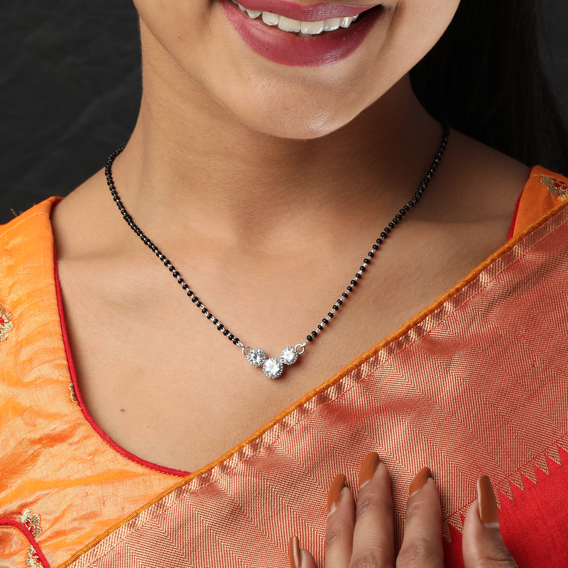Woman wearing 925 Silver Auspicious Alliance Mangalsutra – elegant silver mangalsutra design for daily wear and special occasions.