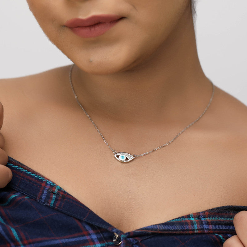 Festive styling with 925 Silver Evil Eye Necklace – a trendy silver accessory for modern celebrations and daily wear.