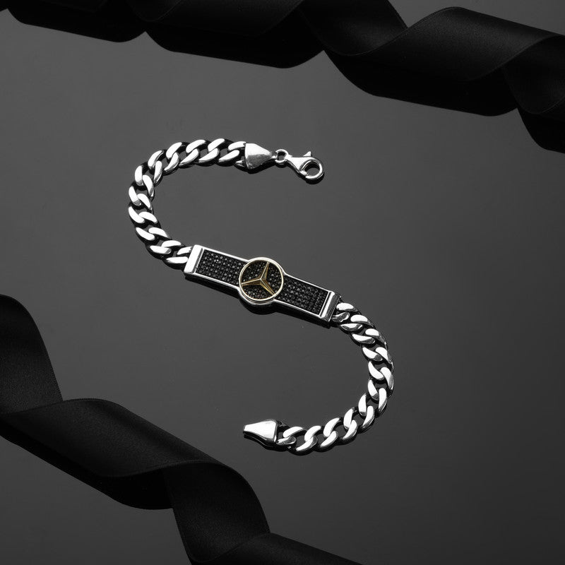 925 Silver Benz Bracelet with Bold Chain Link Design displayed on black surface
