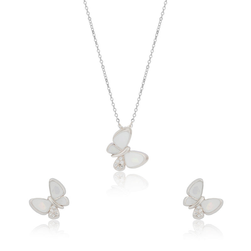 925 Silver Butterfly Pendant and Earrings set on white background – elegant silver jewelry