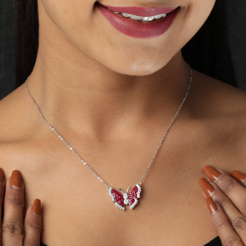 Model wearing 925 Silver Butterfly Pendant – graceful and lightweight sterling silver jewellery for women.
