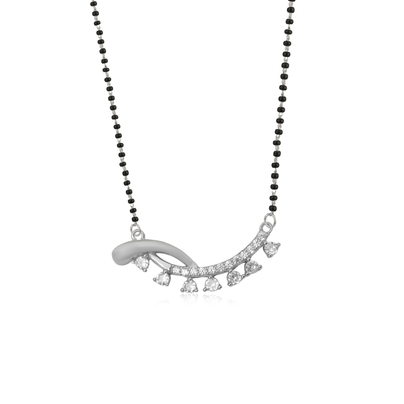925 Silver Fascination Mangalsutra – elegant heart-shaped pendant design with black beaded chain, perfect for daily wear and gifting.