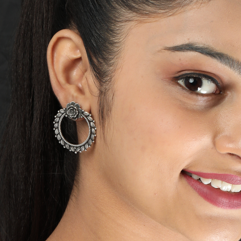 Model wearing 925 Silver Floral Leaf Earrings – lightweight, stylish, and graceful sterling silver jewellery for women.