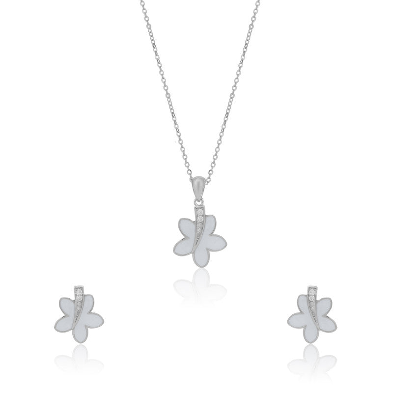 925 Silver Floret Pendant and Earrings set on white background – elegant silver jewelry