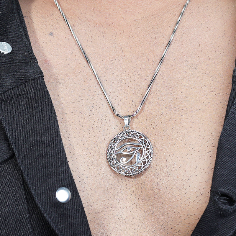 Man wearing 925 Silver Ganesha Eye Pendant Necklace with Protective Hindu Symbol Design