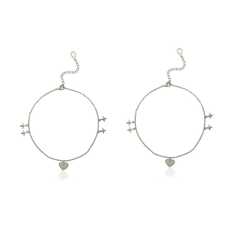 925 Silver Heart & Star Anklet – Stylish festive jewelry for Diwali, Navratri, and gifting
