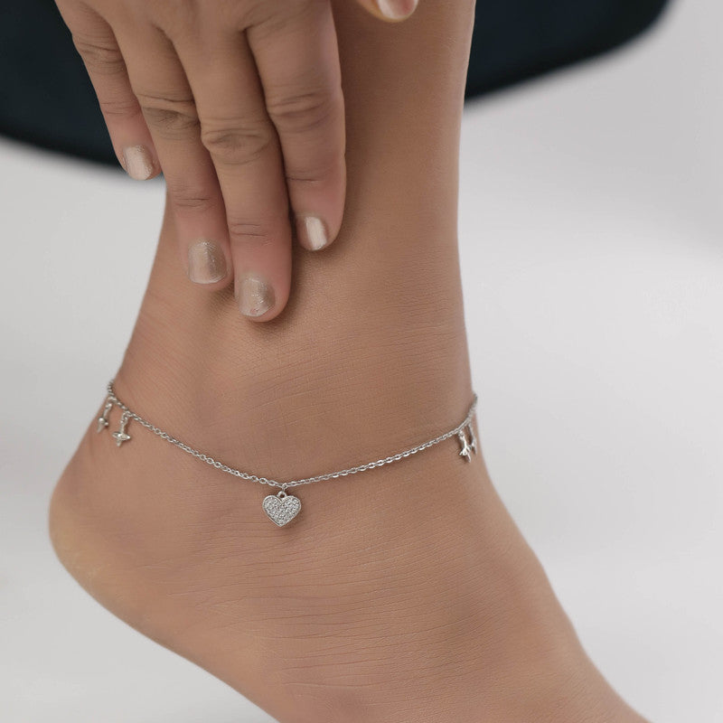 Elegant 925 Silver Heart & Star Anklet styled for Navratri outfits and Diwali looks