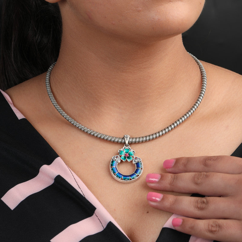 Woman wearing 925 Silver Hollow Flower Pendant Necklace styled on neckline