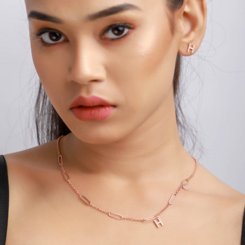 Model styling Initial H Rose Gold Necklace – Navratri accessory for elegant ethnic outfits