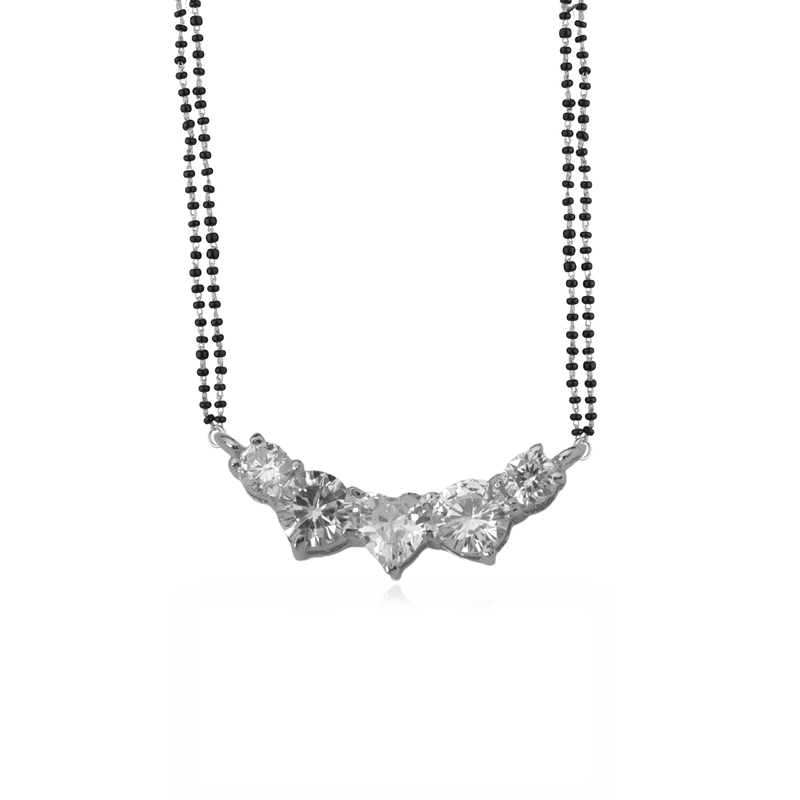 925 Silver Matrimony Mangalsutra with heart-shaped pendant and black beaded chain, perfect for daily wear and gifting.