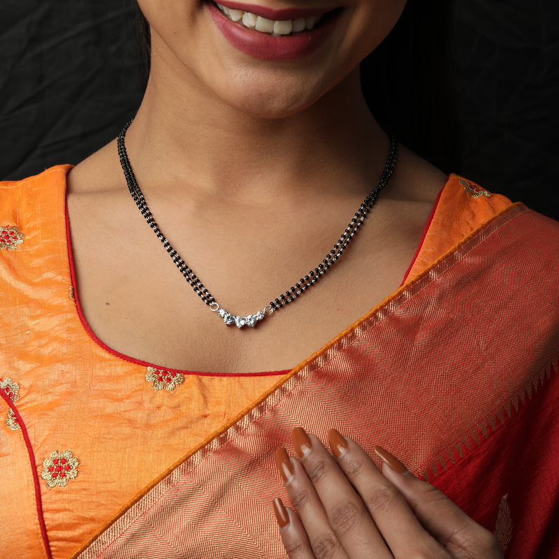 Model wearing 925 Silver Matrimony Mangalsutra – elegant and lightweight pendant necklace for women.