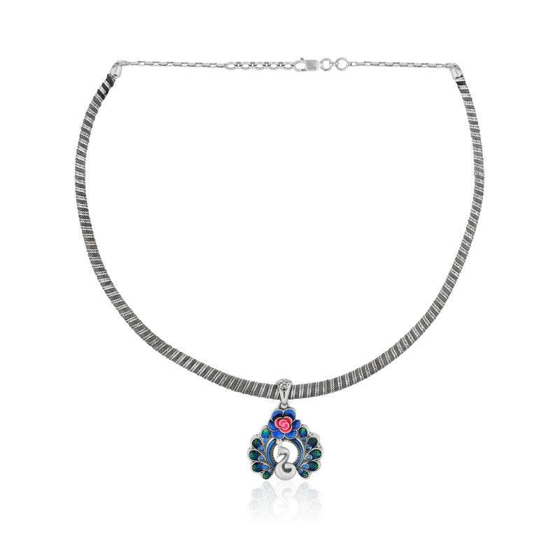 925 Silver Peacock Feather Necklace displayed on plain white background