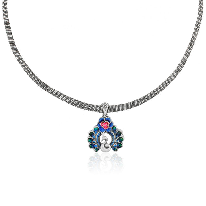 925 Silver Peacock Feather Necklace with elegant styling on white background