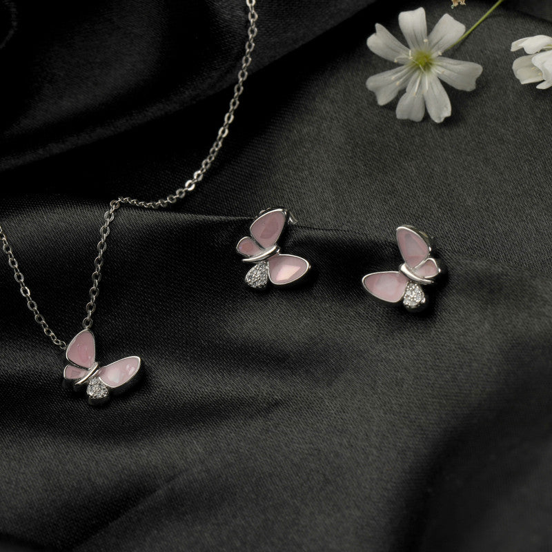 925 silver pink butterfly pendant set displayed with props – unique silver accessory