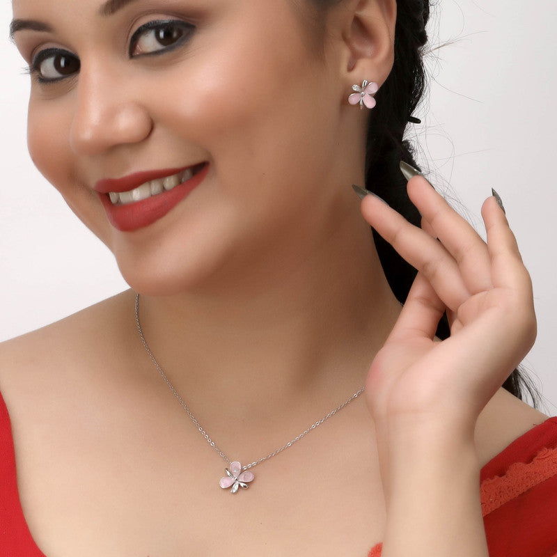 Woman wearing 925 silver pink flower pendant and earrings – stylish ethnic jewelry set