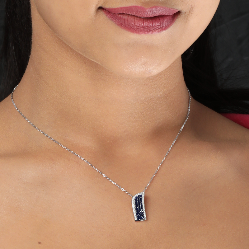 Model wearing 925 Silver Princess Cut Pendant – graceful and lightweight sterling silver jewellery for women.