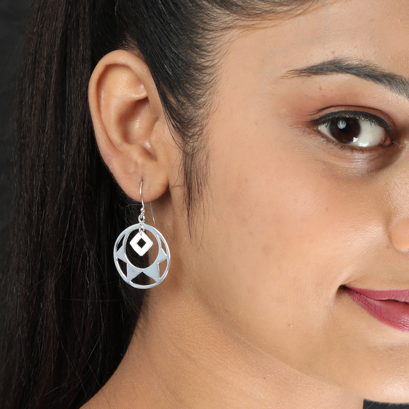Model wearing 925 Silver Radiant Rounds Earrings – graceful and lightweight sterling silver jewellery for women.