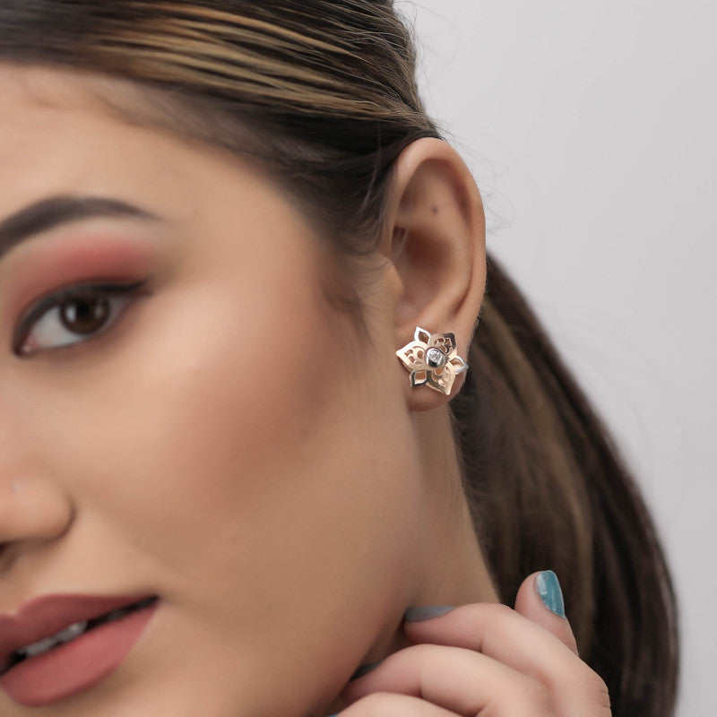Model styling Rose Gold Duo-Leaf Earrings – Navratri accessory for graceful cultural wear