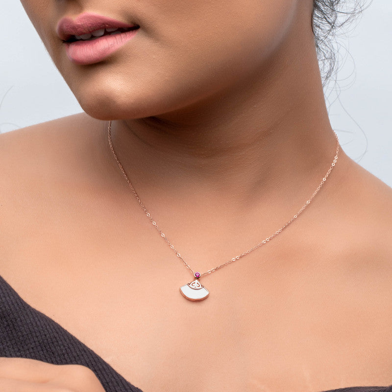 Model wearing 925 Silver Rose Gold Pendulum Necklace – stylish festive accessory for parties and occasions