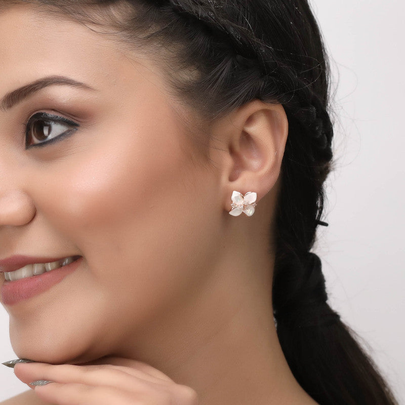 Model styling Rose Gold Petal Earrings – Navratri accessory for elegant traditional looks