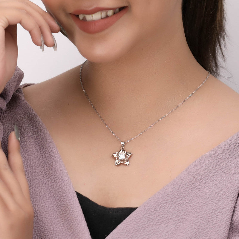 Model wearing 925 Silver Rose Gold Star Pendant Necklace – stylish festive accessory for women