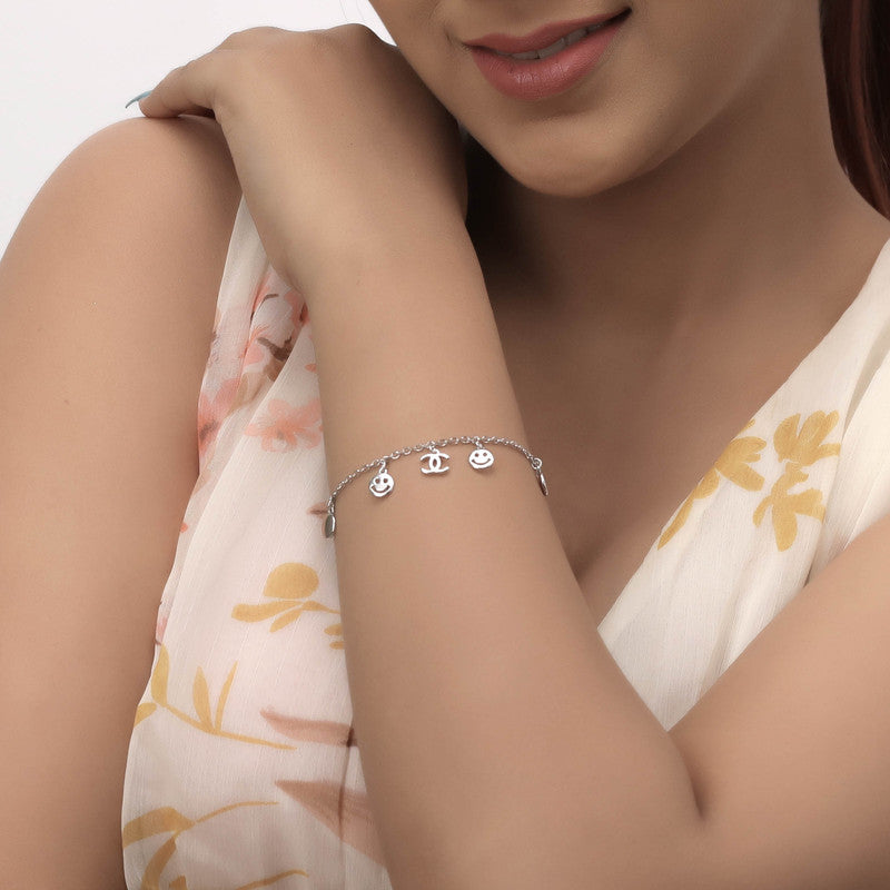 Stylish 925 Silver Smiley Charm Bracelet perfect for Navratri outfits and Diwali celebrations