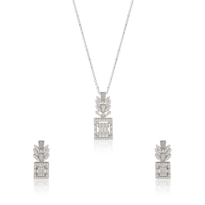 925 Silver Square Leaf Pendant Set on white background – elegant silver jewelry