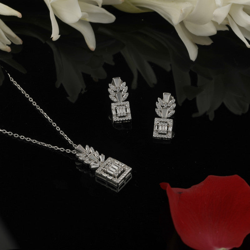 925 silver square leaf pendant set displayed with props – geometric floral silver accessory